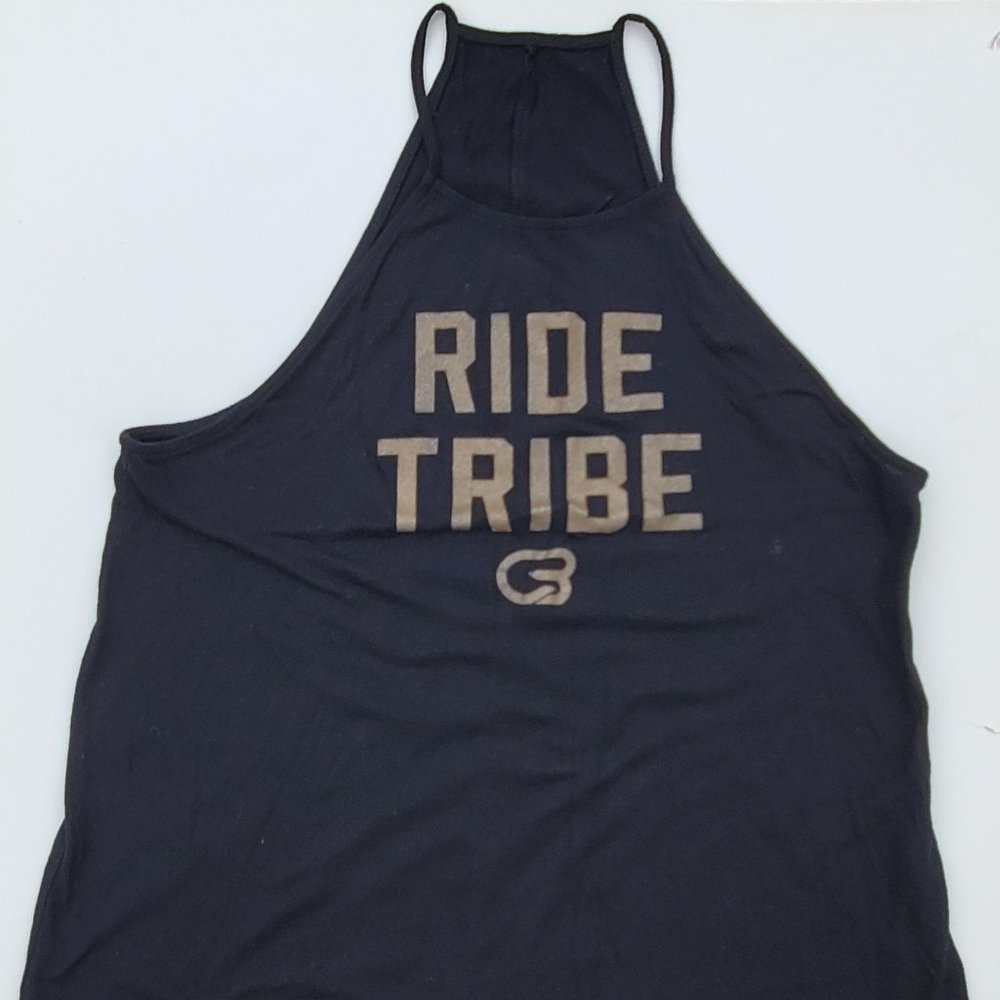 Cyclebar Black High Neck tank, Size S, poly blend, Gold lettering “Ride Tribe CB